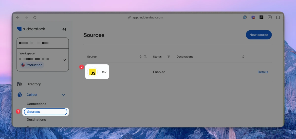 RudderStack sources UI